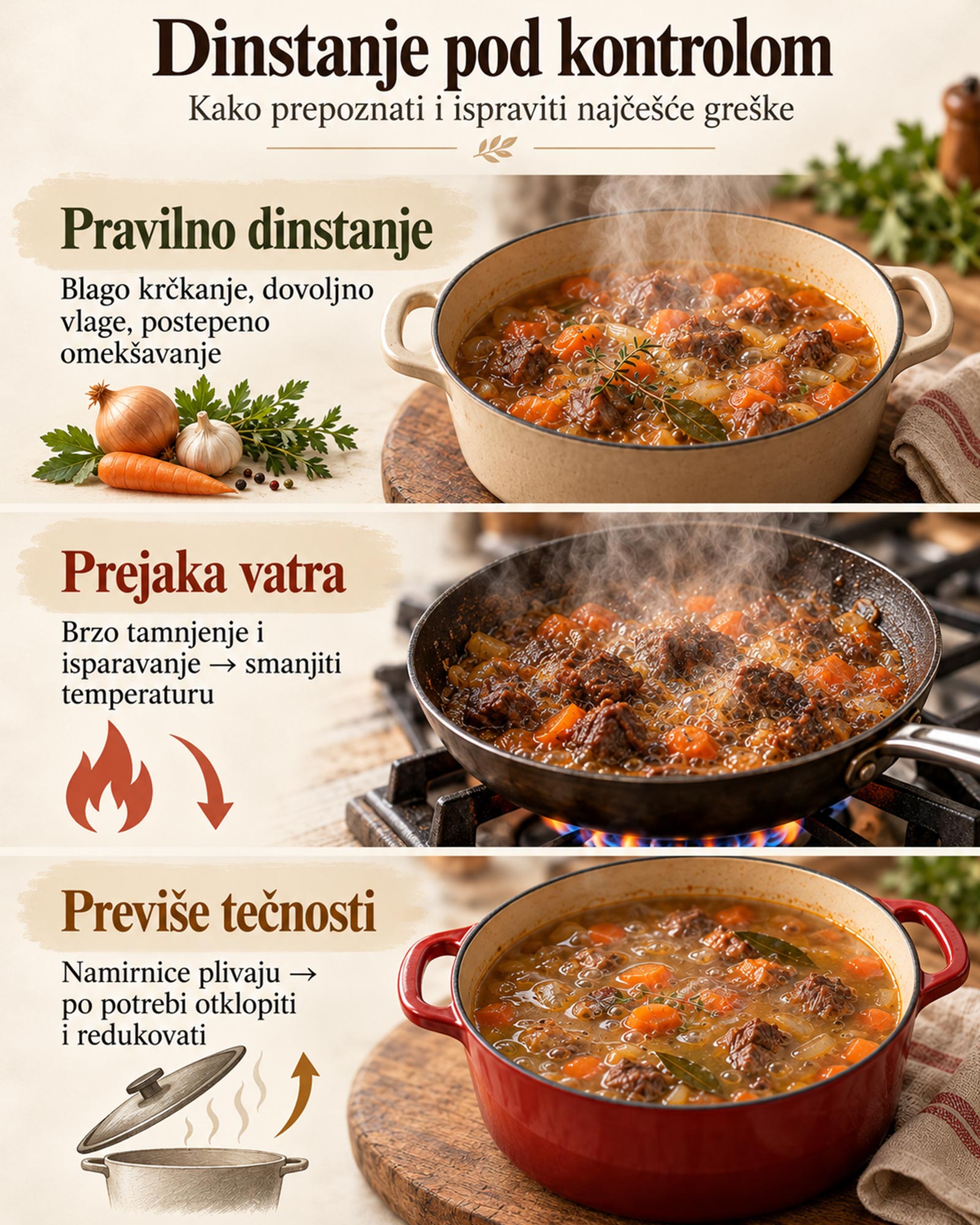 Infografik o dinstanju pod kontrolom koji prikazuje pravilno dinstanje, prejaku vatru i previše tečnosti, uz savete kako prepoznati i ispraviti najčešće greške tokom dinstanja.