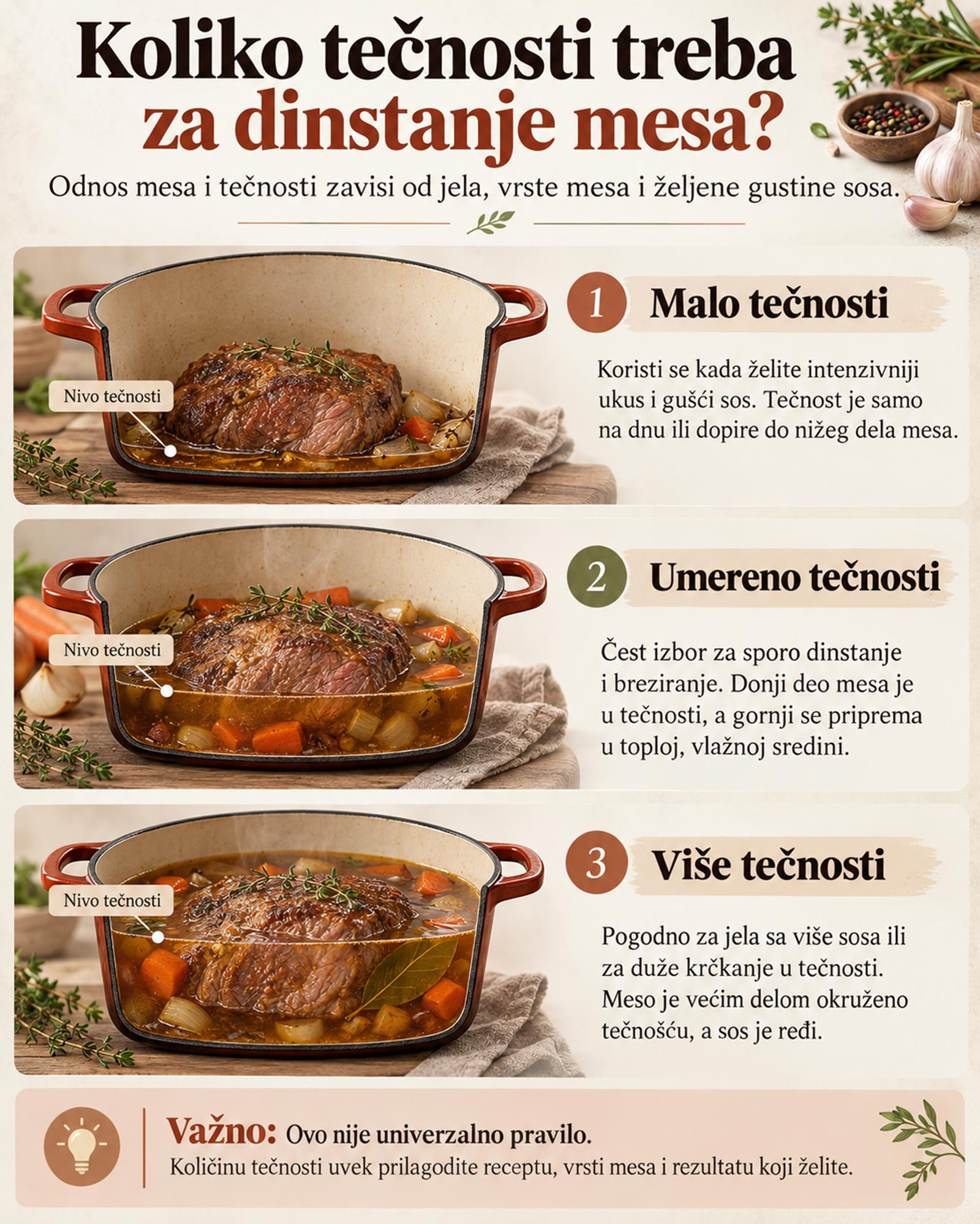 Infografik koji prikazuje koliko tečnosti treba dodati za dinstanje mesa kroz tri nivoa: malo tečnosti, umereno tečnosti i više tečnosti, uz objašnjenje kada se koji odnos koristi.