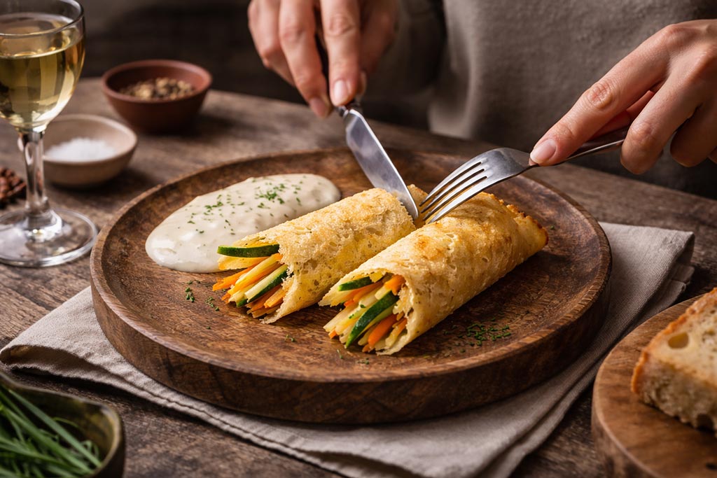 Rolnice od sira sa povrćem u belom sosu