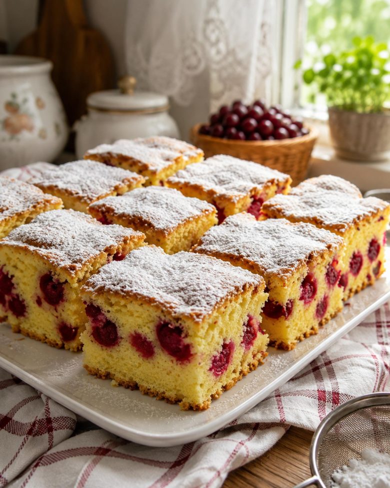 Bakin kolač sa višnjama isečen na kocke, posut prah šećerom i poslužen na belom tanjiru u domaćoj kuhinjskoj atmosferi.