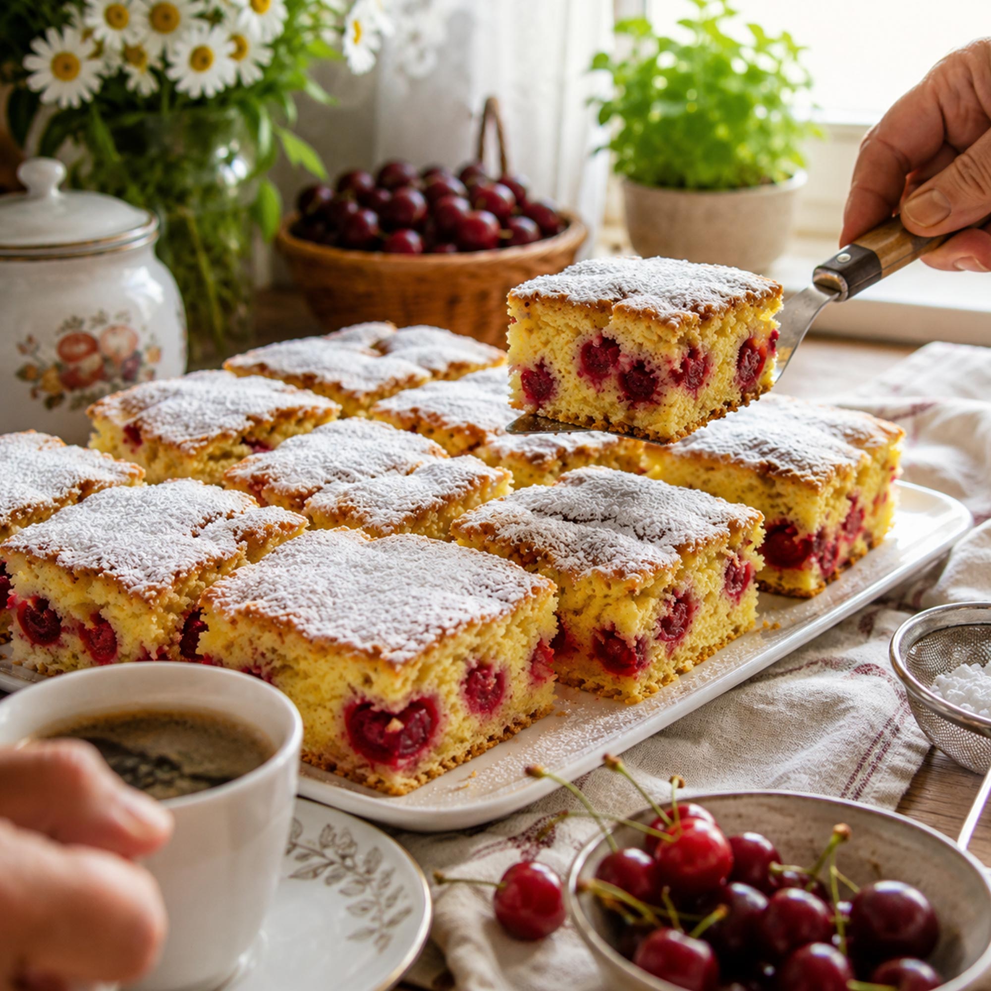 Parče bakinog kolača sa višnjama podignuto lopaticom sa tacne, uz šolju kafe i sveže višnje na stolu.