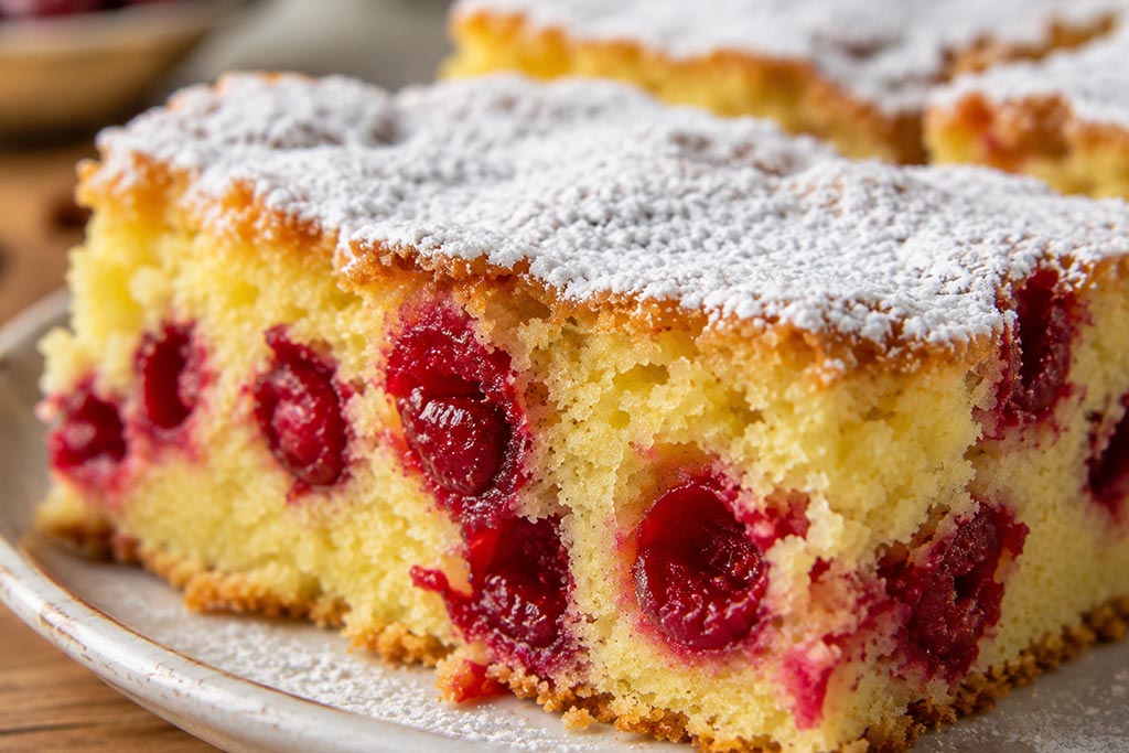 Bakin kolač sa višnjama sa fokusom na mekanu teksturu biskvita, sočne višnje i sloj prah šećera.