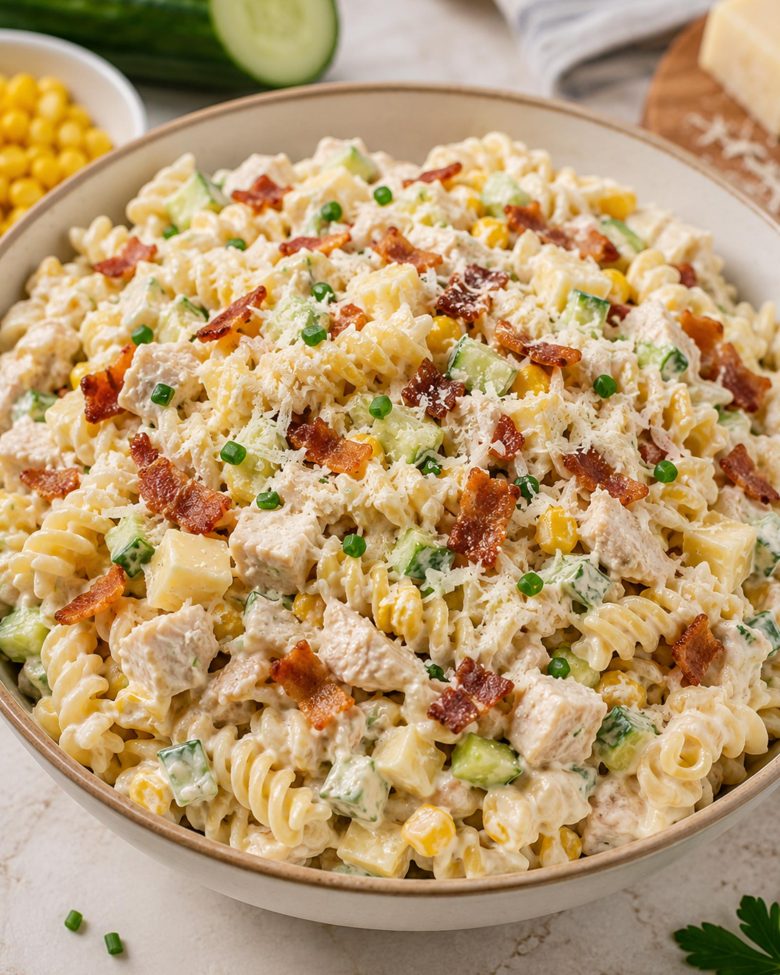Kremasta obrok salata sa piletinom, fusilli testeninom, krastavcima, kukuruzom, slaninom i parmezanom u velikoj činiji