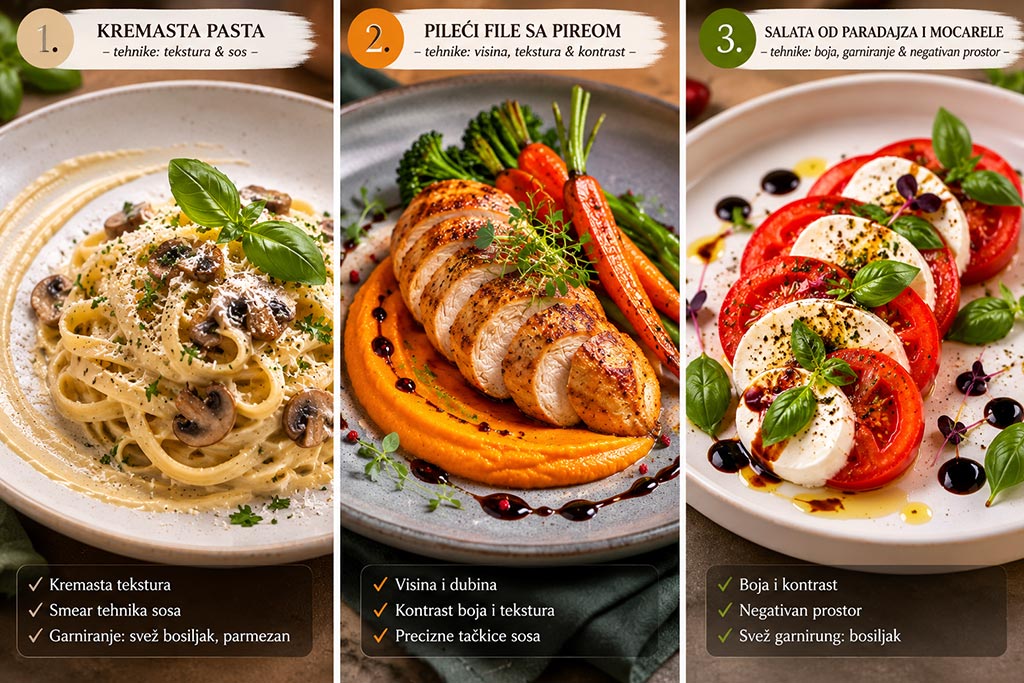 Tri servirana jela za vežbanje platinga: kremasta pasta, piletina sa pireom od šargarepe i salata od paradajza i mocarele