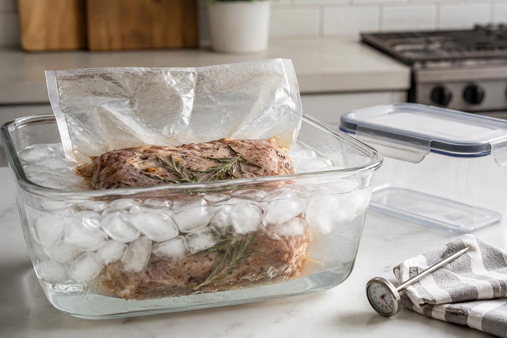 Brzo hlađenje sous-vide hrane u ledenoj kupki pre čuvanja u frižideru