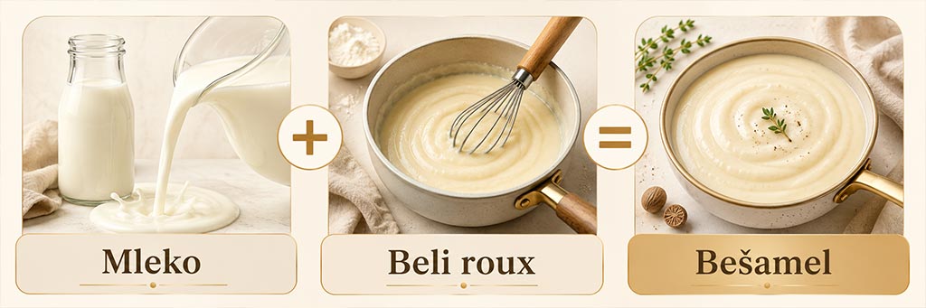 Infografika sa tri koraka za bešamel: mleko, beli roux i gotov bešamel sos