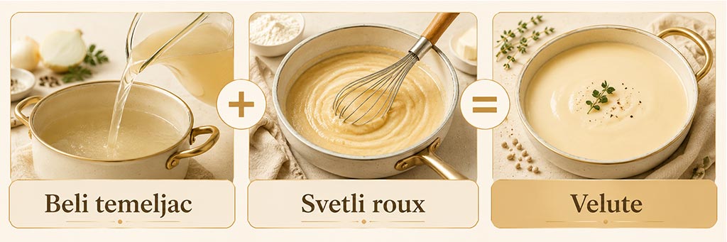 Infografika sa tri koraka za velute: beli temeljac, svetli roux i gotov velute sos