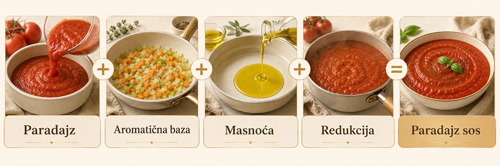 Infografika sa koracima za paradajz sos: paradajz, aromatična baza, masnoća, redukcija i gotov sos