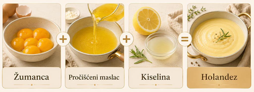 Infografika sa koracima za holandez: žumanca, pročišćeni maslac, kiselina i gotov holandez sos