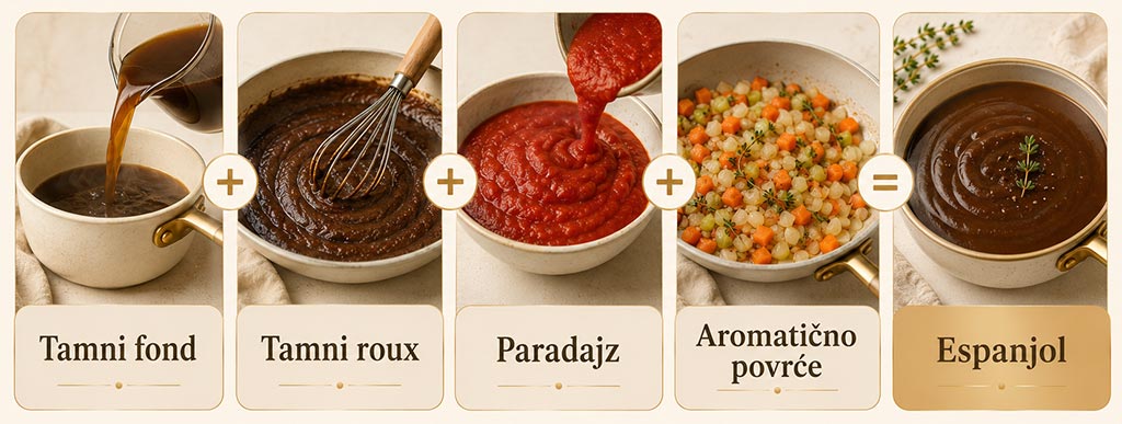 Infografika sa koracima za espanjol: tamni fond, tamni roux, paradajz, aromatično povrće i gotov espanjol sos