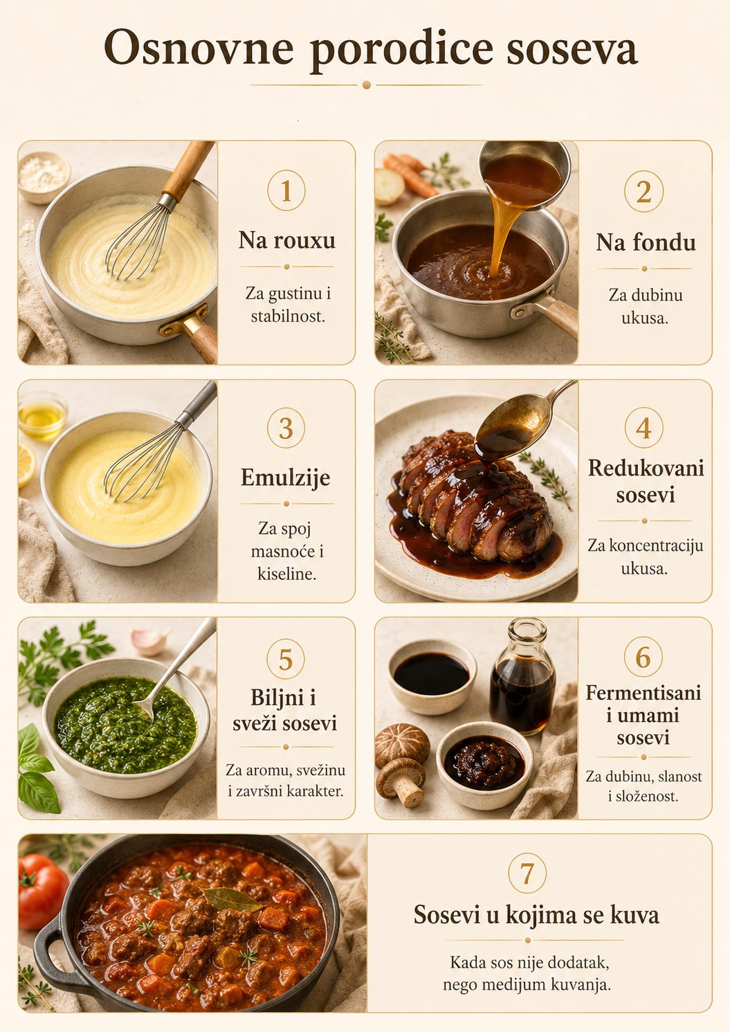 Infografika sa pregledom osnovnih porodica soseva i njihovih glavnih funkcija u kuhinji