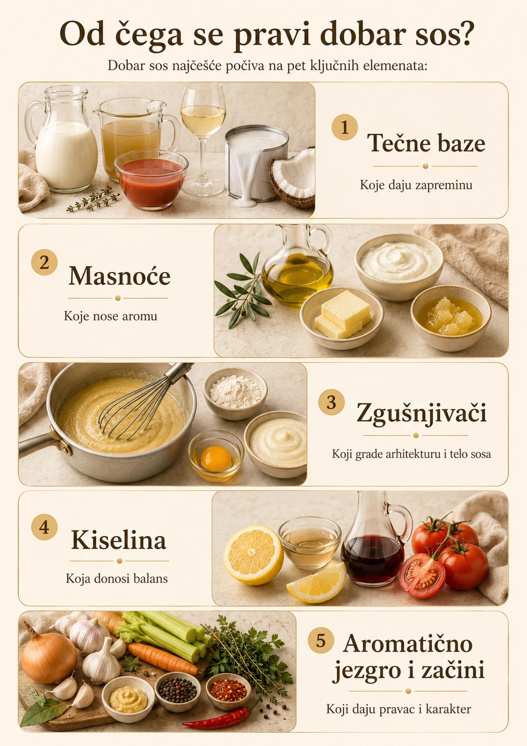 Infografika sa pet ključnih elemenata dobrog sosa: baza, masnoća, zgušnjivač, kiselina i začini