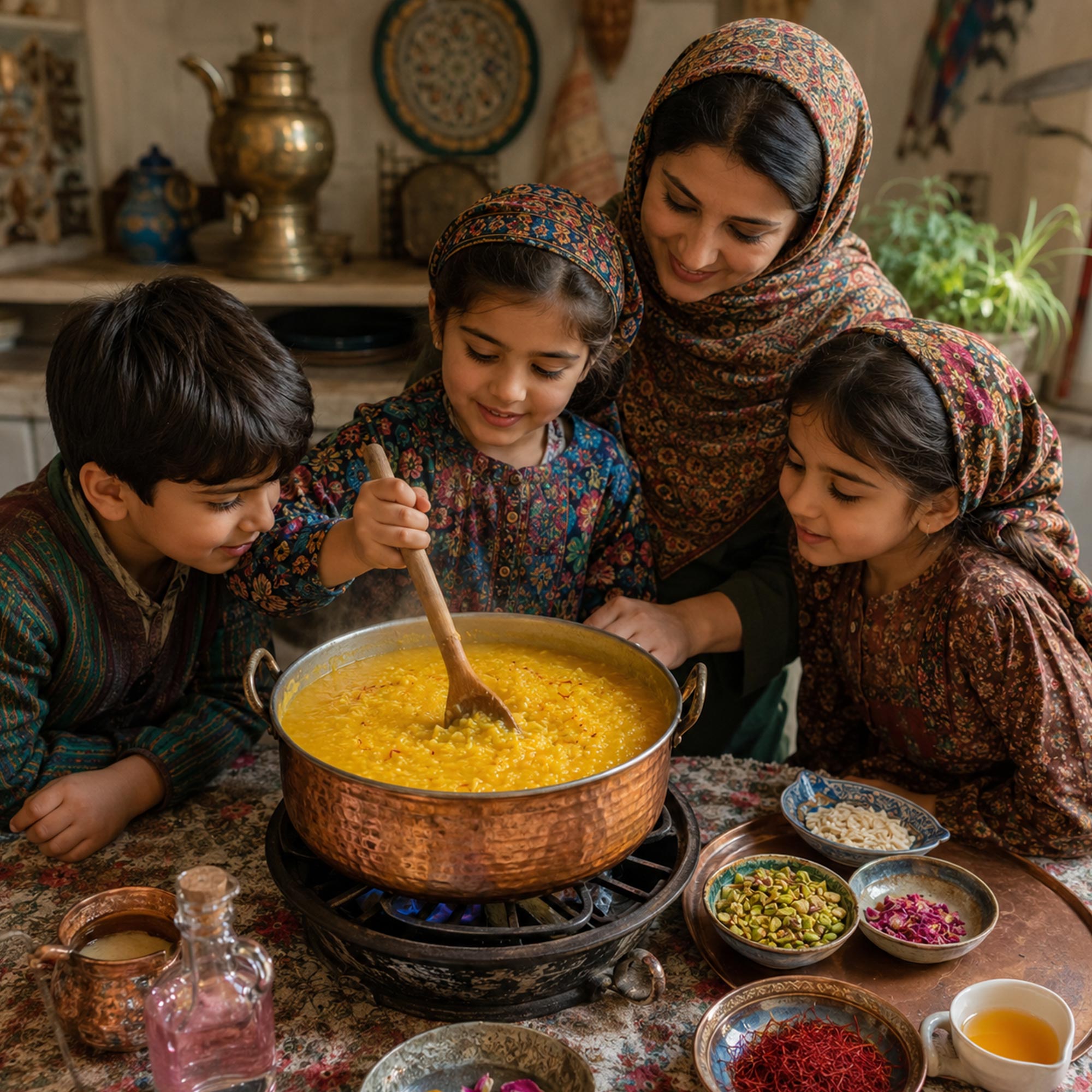 Majka i deca u tradicionalnom iranskom domu zajedno kuvaju Sholeh Zard, zlatni puding od pirinča sa šafranom, dok dete meša smesu u bakarnoj šerpi.