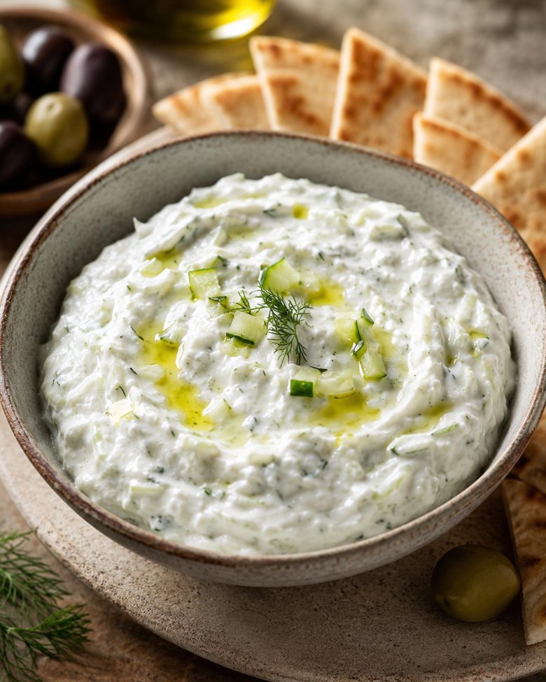 Caciki (tzatziki) sos u keramičkoj činiji, poslužen sa grčkim pita hlebom i maslinama.