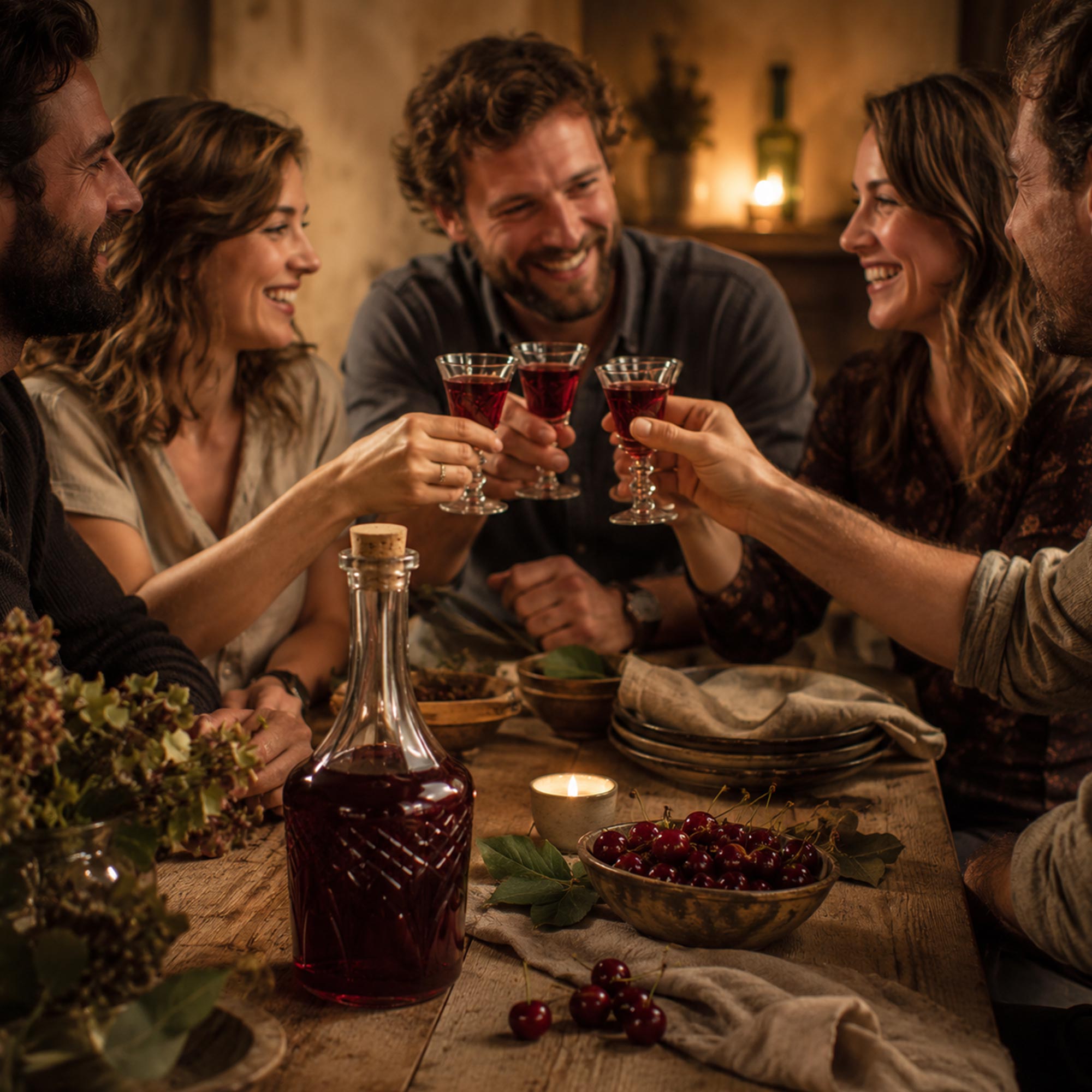 Društvo nazdravlja domaćim likerom od višanja u toplom ambijentu, uz bocu likera i sveže višnje na stolu.
