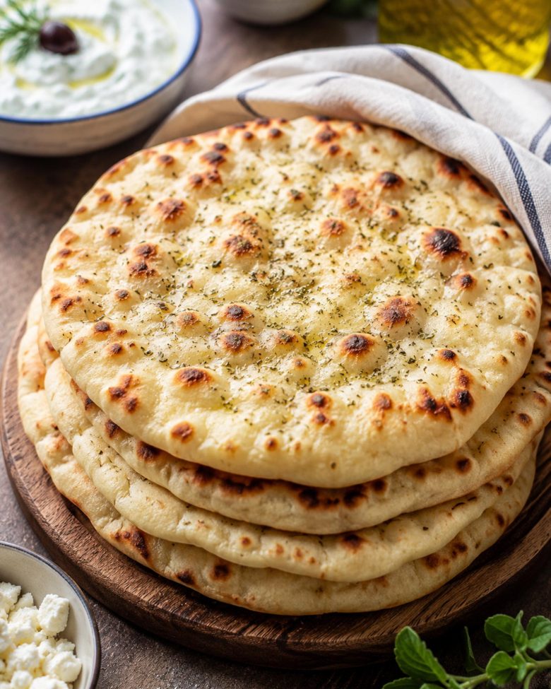 Grčki pita hleb složen na drvenoj dasci uz caciki, masline, feta sir i maslinovo ulje.