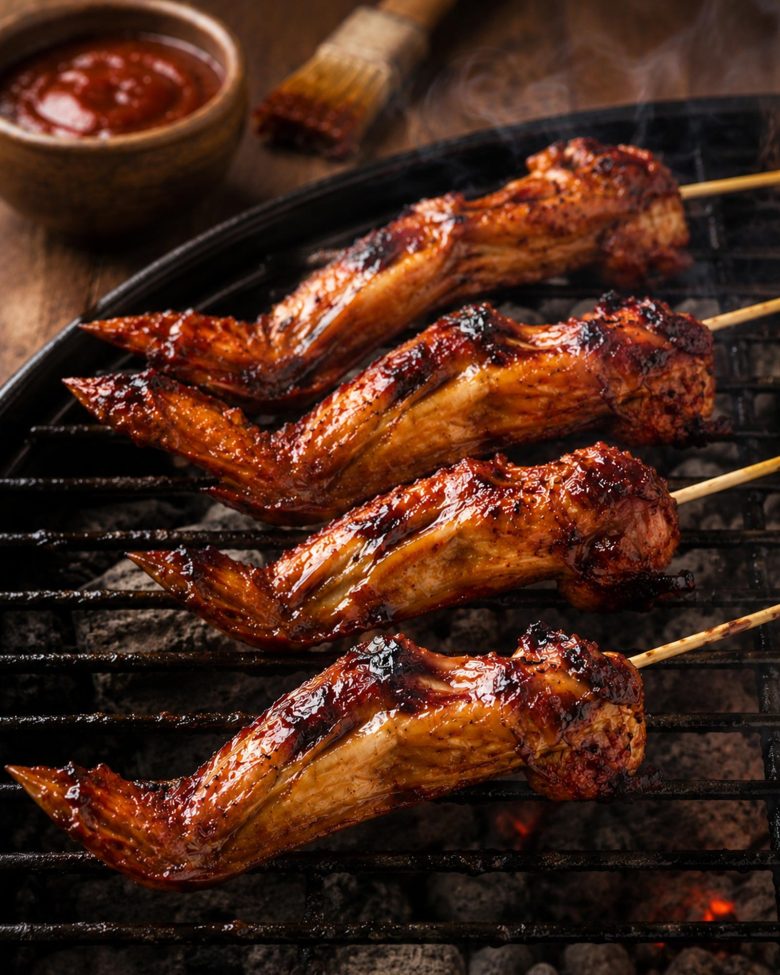 Cela pileća krilca na roštilju razvučena na drvenim štapićima, sa BBQ glazurom i zapečenom kožicom.