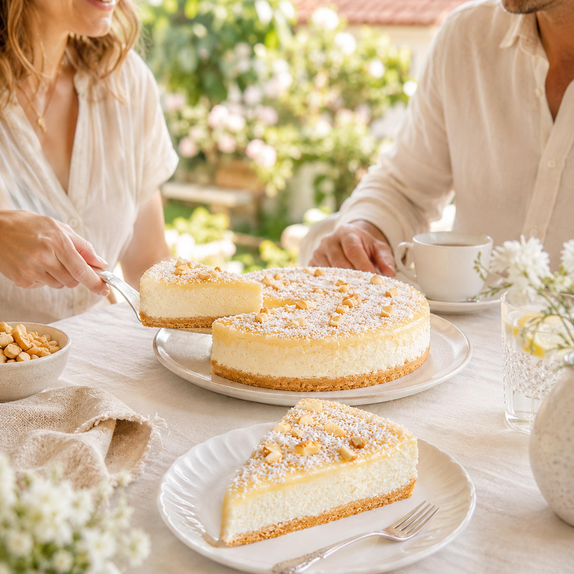Raffaello torta bez pečenja poslužena u letnjem ambijentu uz dvoje ljudi za stolom.