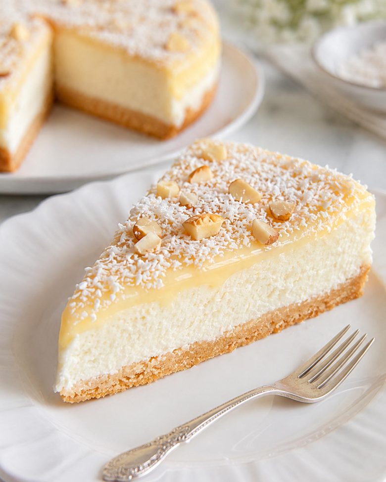 Parče Raffaello torte sa kokos kremom, belim ganašom i seckanim bademima.