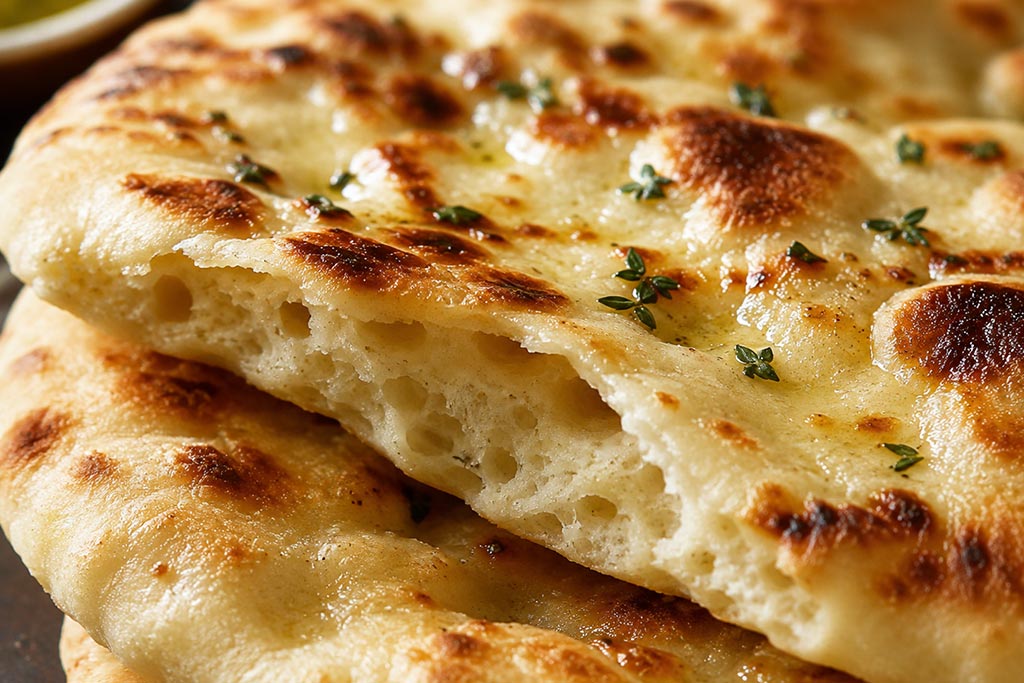 Krupan kadar presečenog grčkog pita hleba sa mekom, vazdušastom sredinom i zlatnim tragovima pečenja.