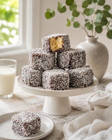Tradicionalni australijski lamingtoni sa kakao-glazurom i kokosom, posluženi na keramičkom stalku za kolače.