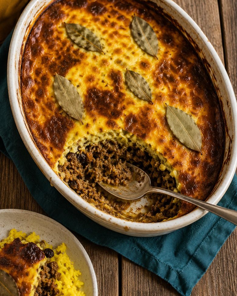 Bobotie recept sa začinjenim mlevenim mesom i zapečenim prelivom od jaja i mleka