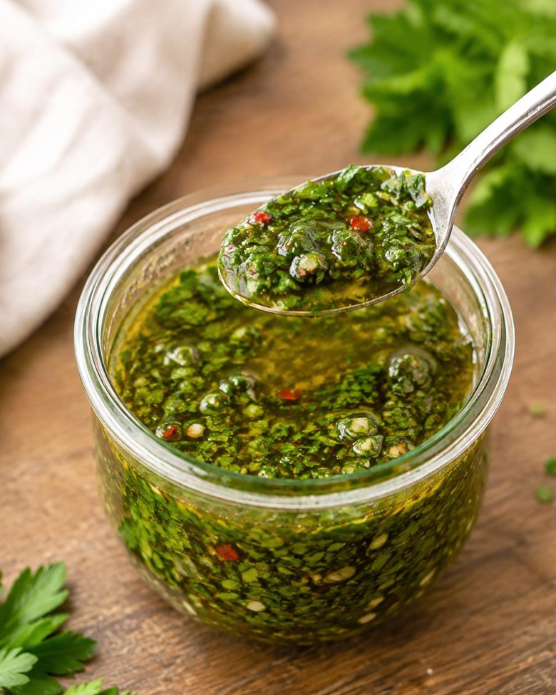 Tradicionalni argentinski chimichurri sos u staklenoj tegli sa kašikom