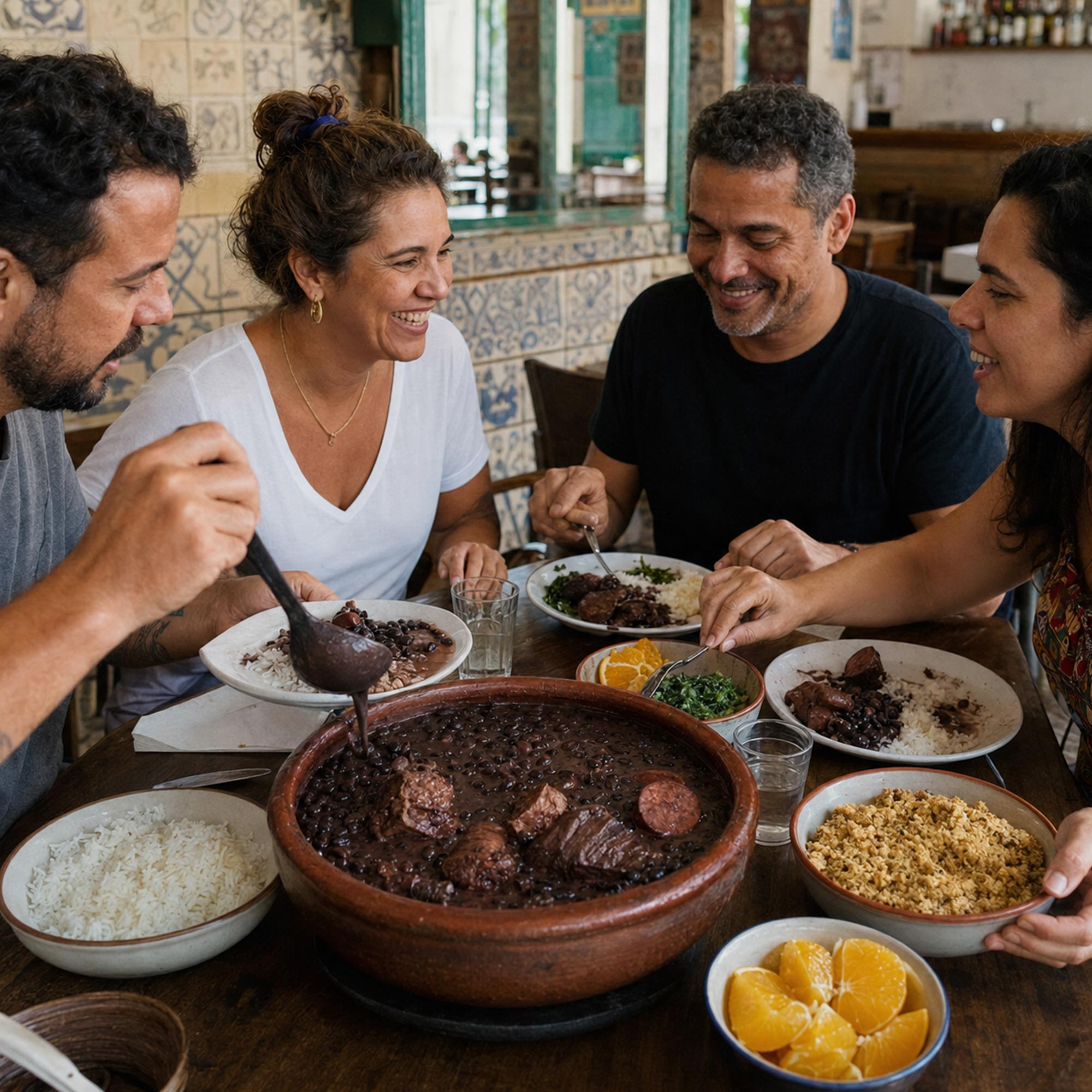 Društvo u brazilskoj gostionici služi feijoadu uz pirinač, raštan, farofu i svežu pomorandžu