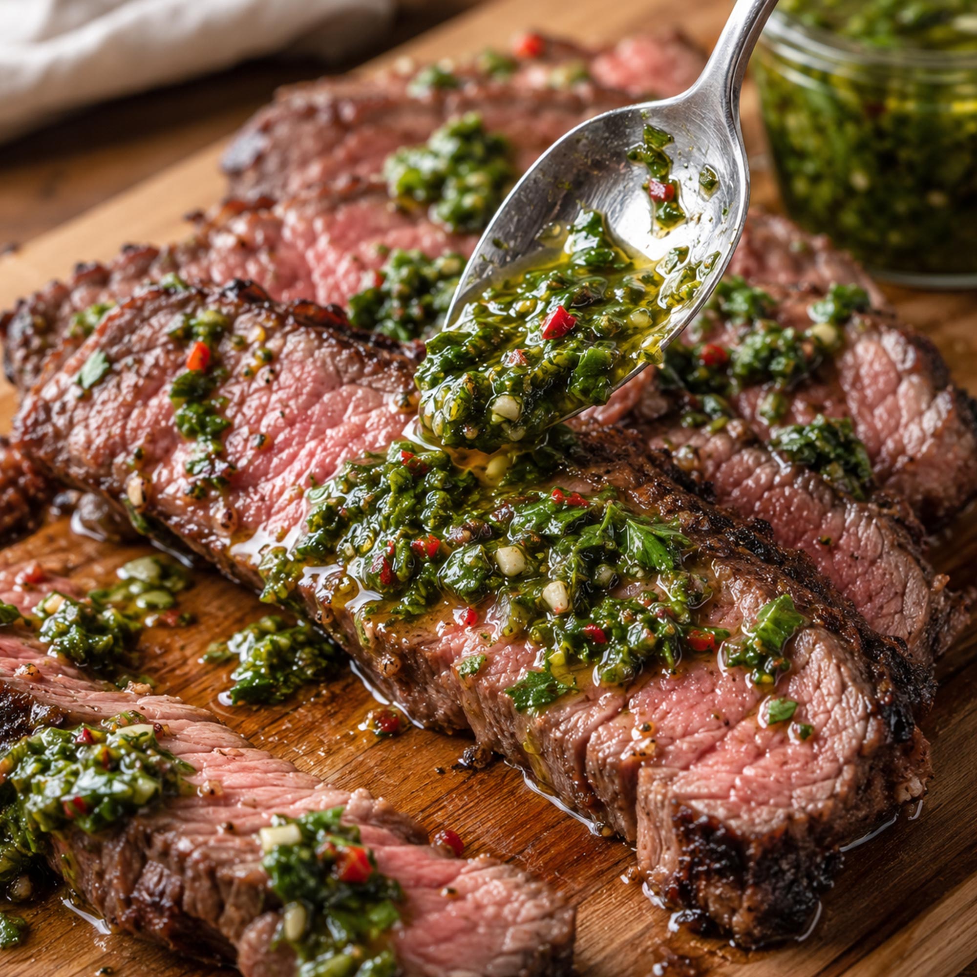 Narezano grilovano meso preliveno chimichurri sosom sa peršunom i belim lukom