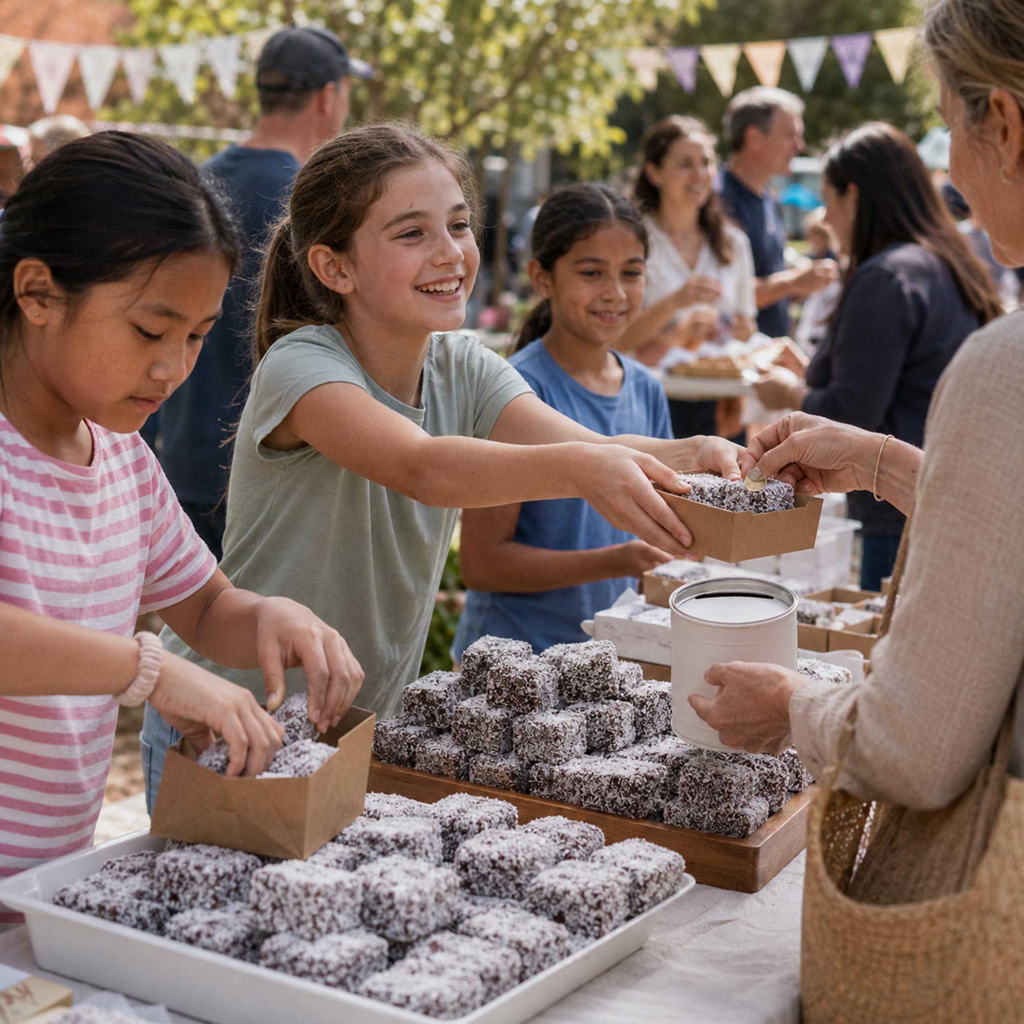 Deca prodaju lamington kocke na humanitarnom Lamington Drive bazaru u Australiji.