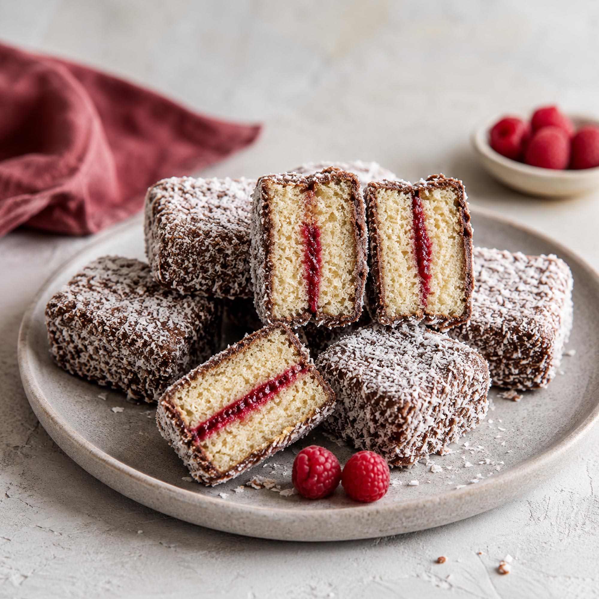 Moderni lamington sa džemom od malina između dva sloja biskvita, preliven kakao-glazurom i uvaljan u kokos.