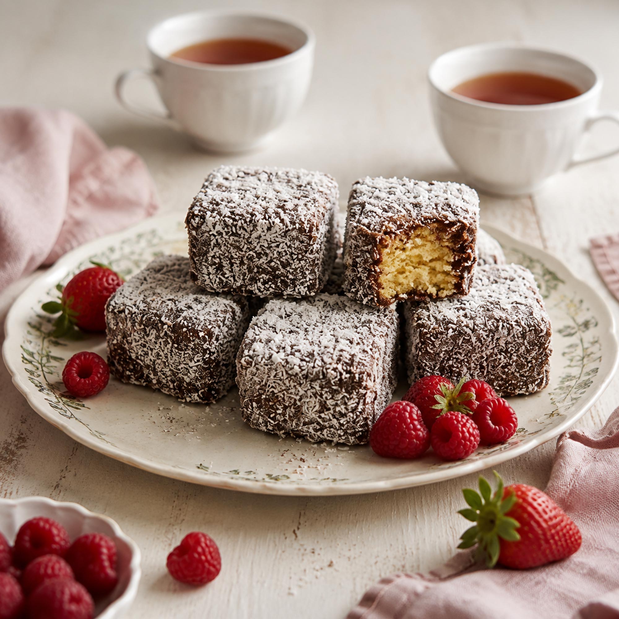 Lamington kocke poslužene uz čaj, maline i jagode na stolu pripremljenom za popodnevno druženje.