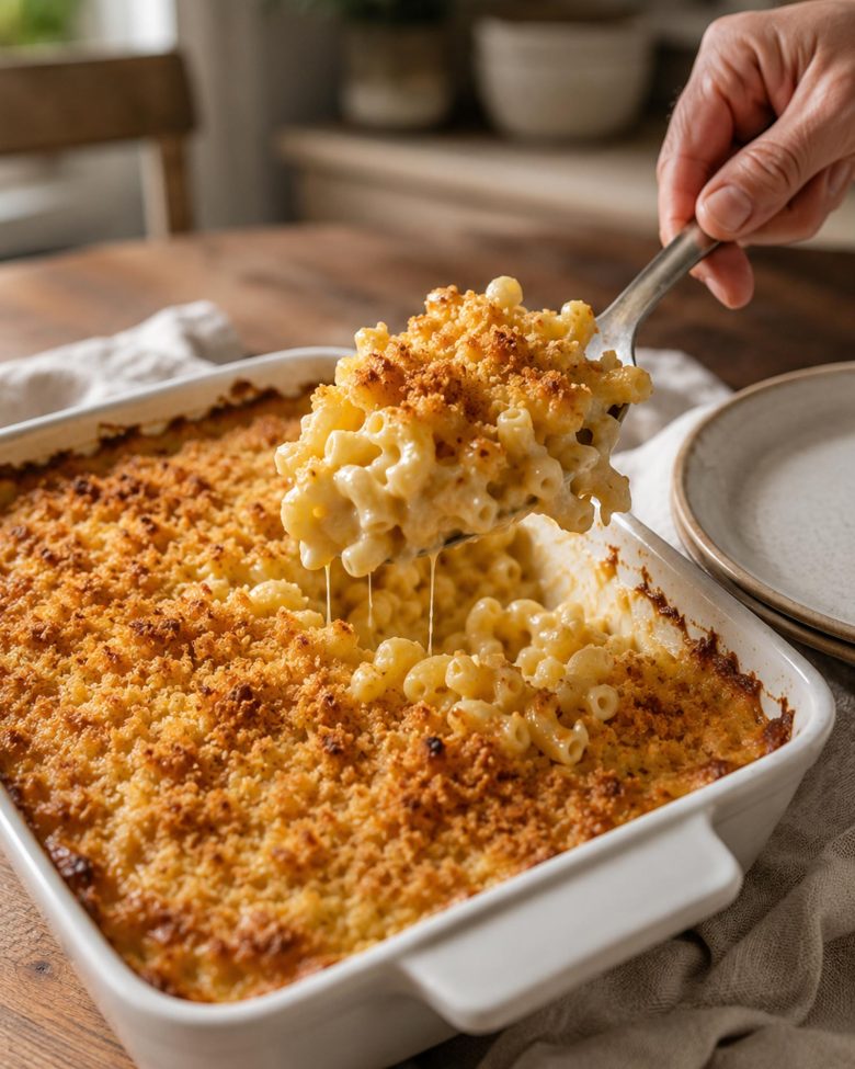 Američki mac and cheese zapečen u keramičkoj posudi sa zlatnom panko koricom