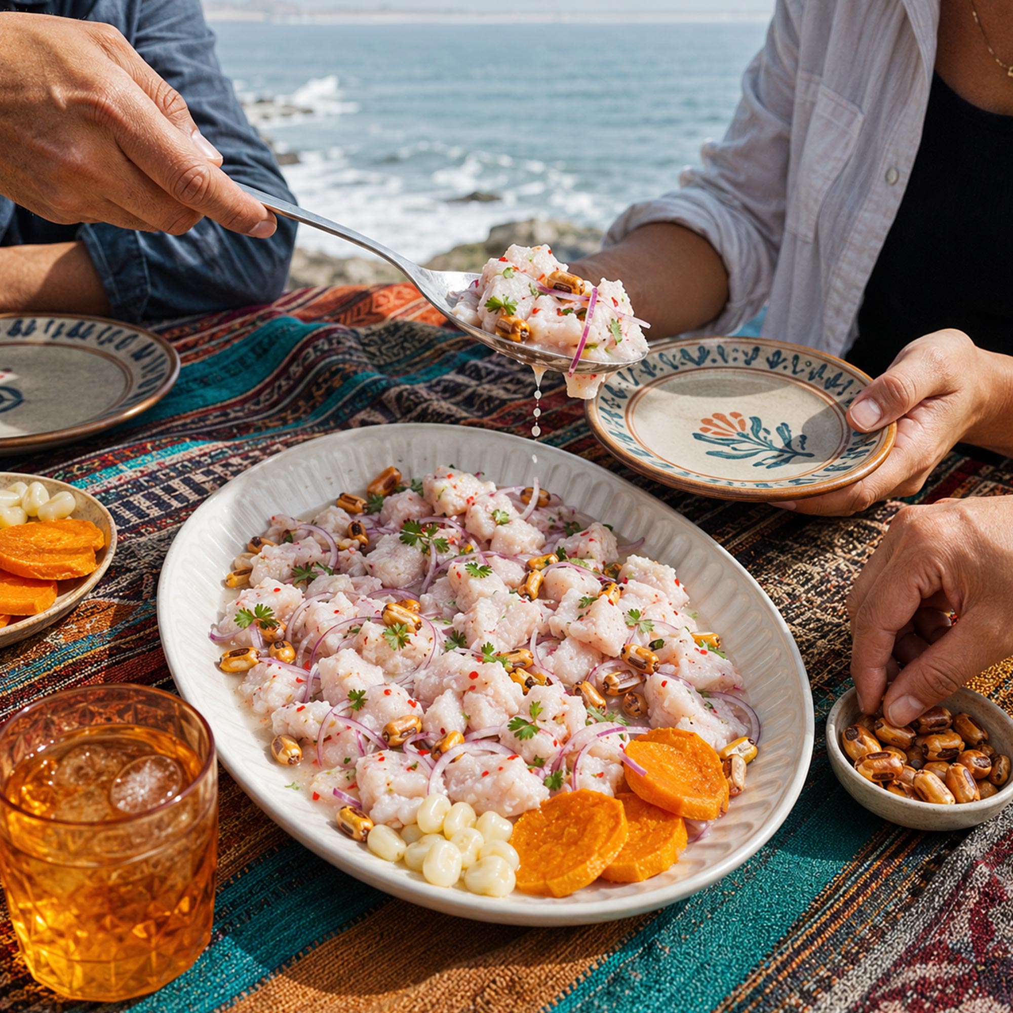 Posluživanje peruanskog cevichea za stolom uz more, na tradicionalnom peruanskom stolnjaku i keramičkim tanjirima