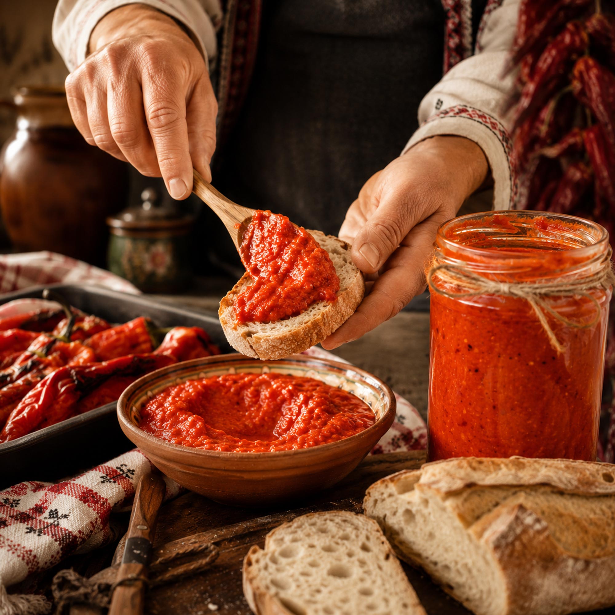 Mazanje domaćeg ajvara od pečenih paprika na krišku hleba uz teglu i pečene paprike
