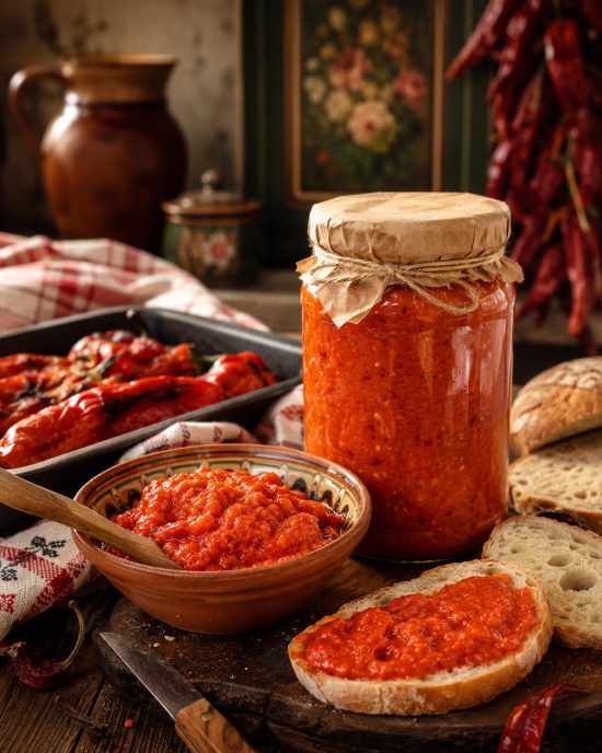 Domaći ajvar od pečenih paprika u tegli sa svežim hlebom i pečenim paprikama u tradicionalnom ambijentu