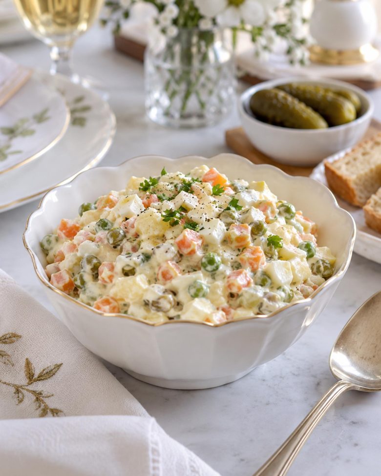 Domaća francuska salata sa krompirom, šargarepom, graškom, jajima i kiselim krastavcima