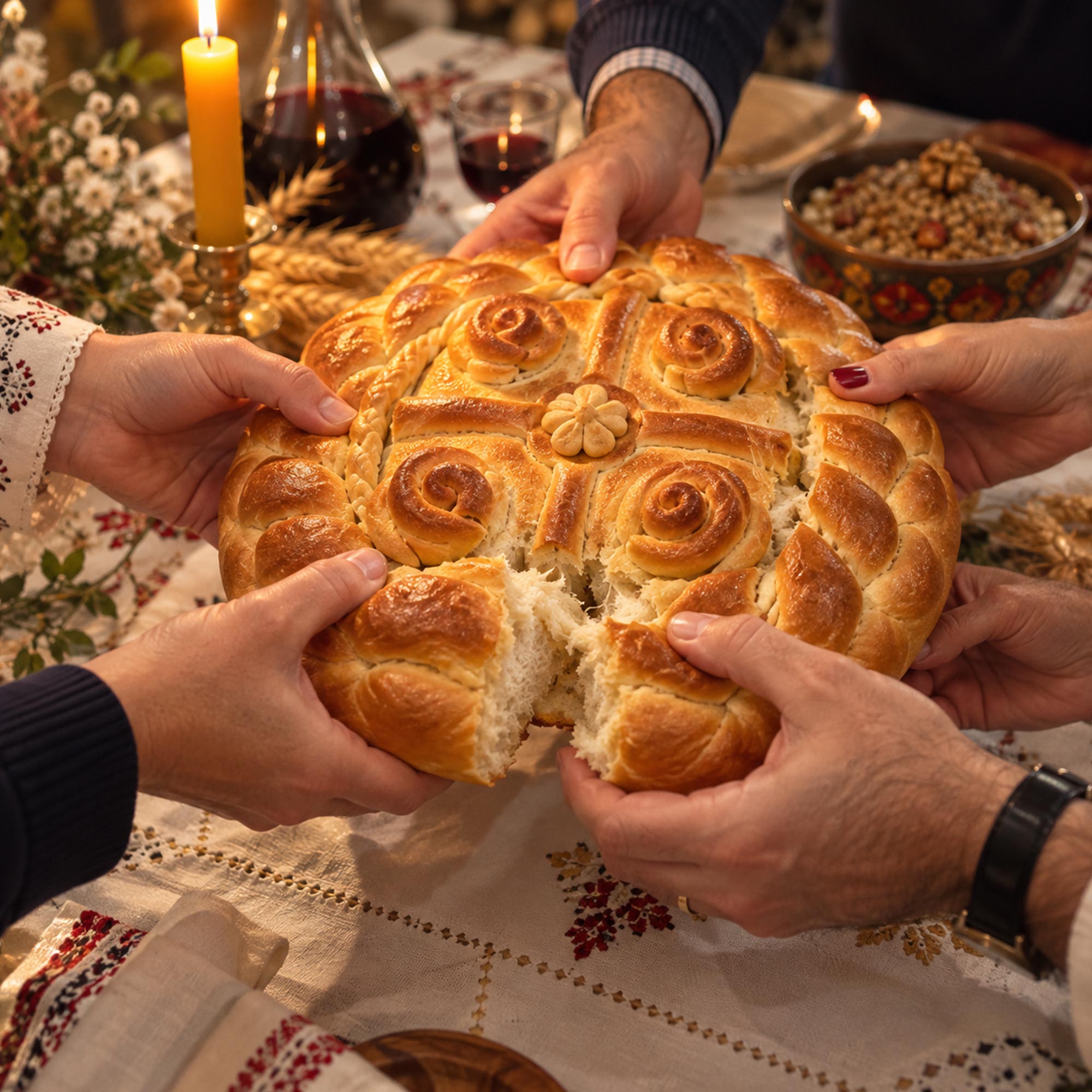 Tradicionalno lomljenje slavskog kolača u krugu porodice, uz upaljenu slavsku sveću, vino i slavsko žito na svečanoj trpezi.