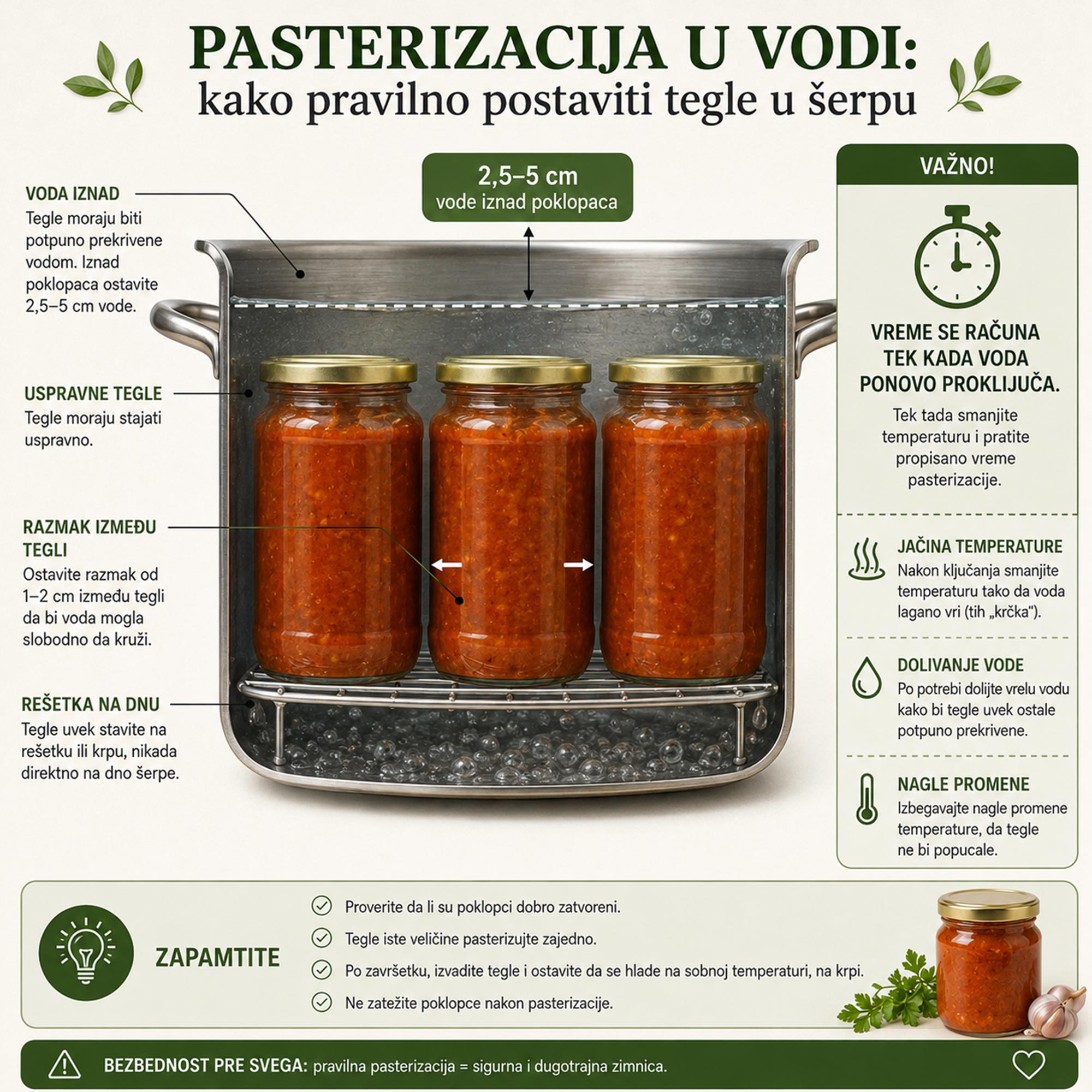 Pasterizacija zimnice u vodi sa uspravnim teglama na rešetki i vodom 2,5 do 5 cm iznad poklopaca