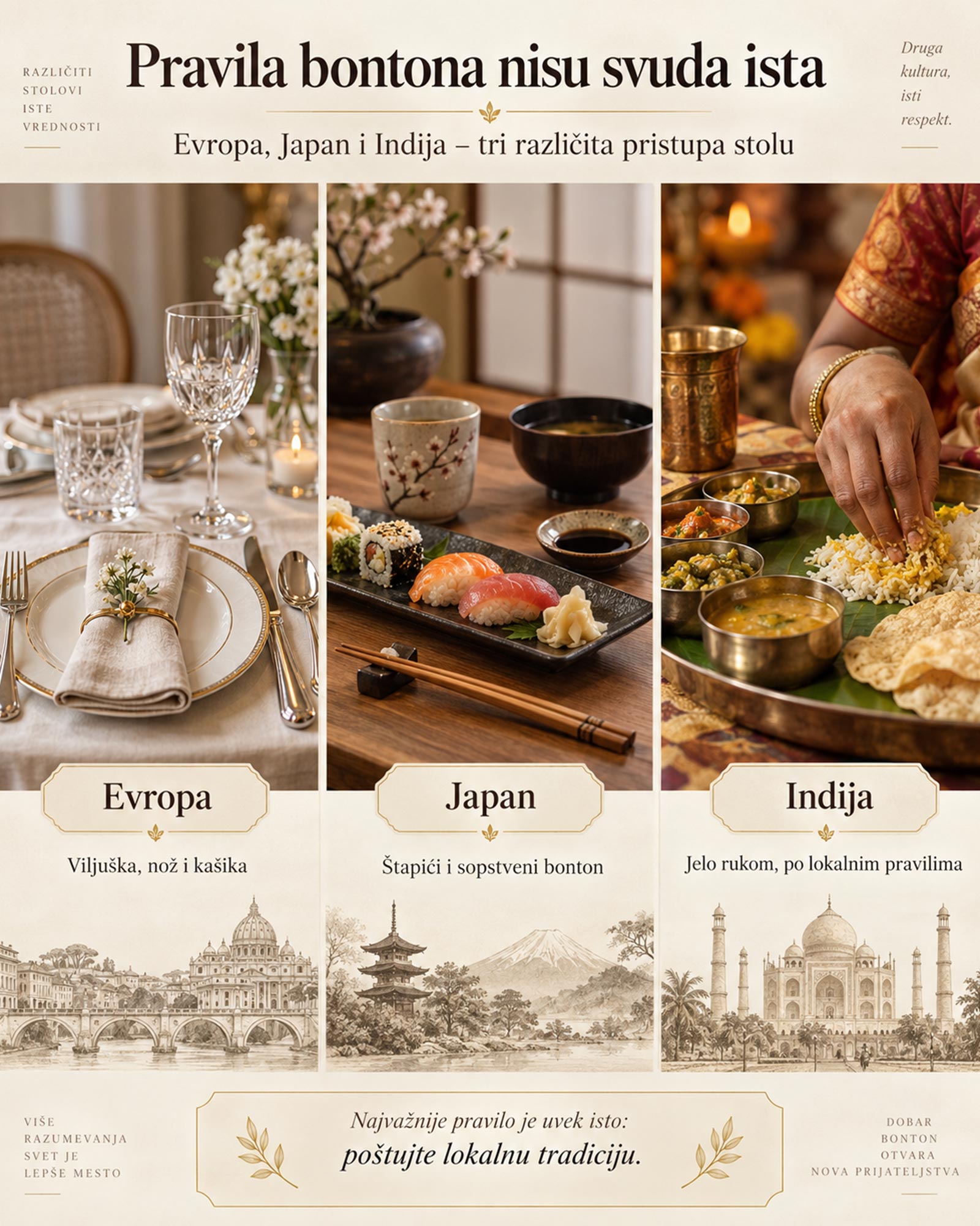 Poređenje kulture stola u Evropi, Japanu i Indiji kroz escajg, štapiće i jedenje rukom