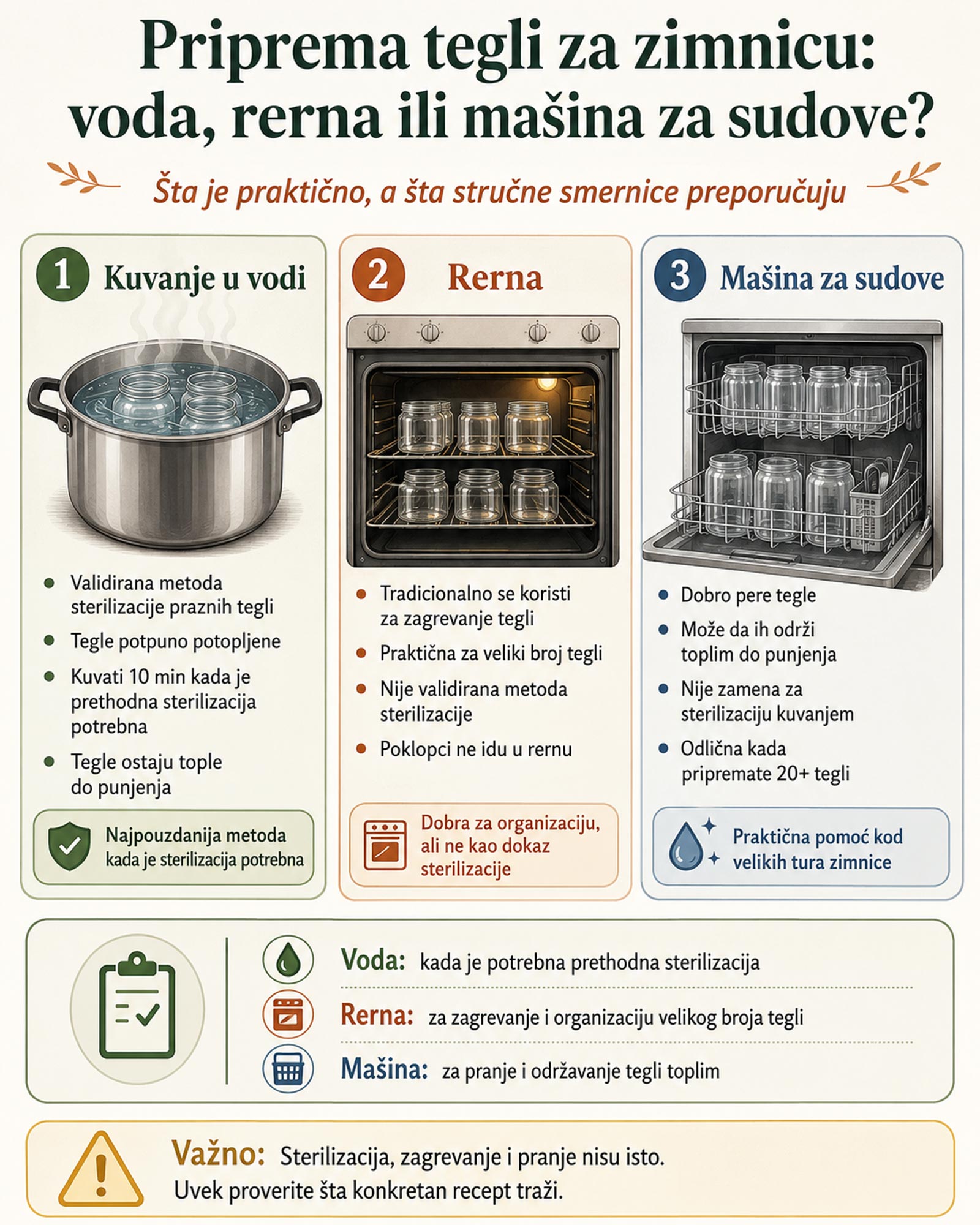 Poređenje kuvanja u vodi, rerne i mašine za sudove za pripremu tegli za zimnicu