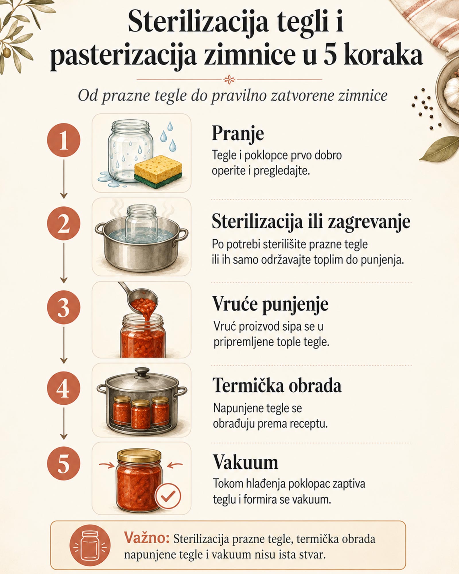 Sterilizacija tegli i pasterizacija zimnice kroz pet koraka od pranja do stvaranja vakuuma