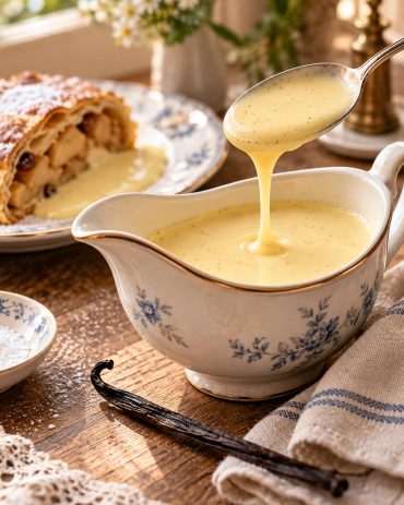 Bečki sos od vanile (Vanillesauce) u porcelanskoj posudi, sa vidljivim semenkama prave vanile i kašikom koja pokazuje njegovu svilenkastu teksturu.