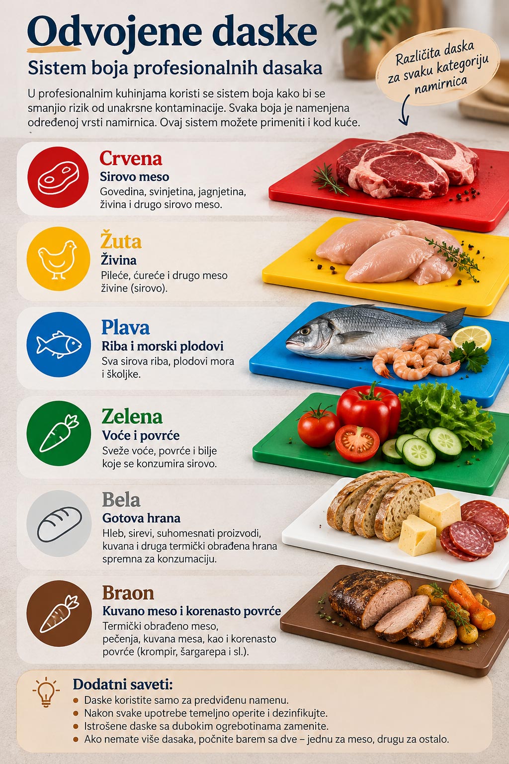 Infografika prikazuje sistem šest boja dasaka za sečenje: crvenu za meso, žutu za živinu, plavu za ribu, zelenu za povrće, belu za gotovu hranu i braon za kuvano meso.