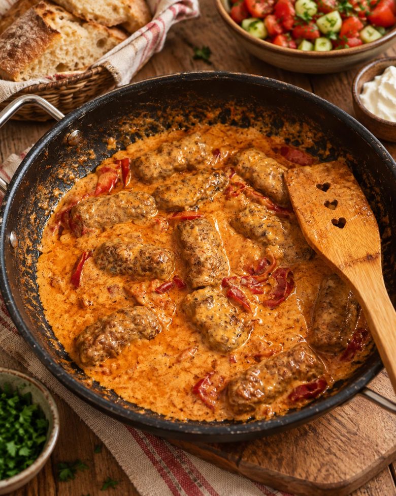 Ćevapi u krem sosu sa kajmakom i crvenom paprikom servirani u tiganju