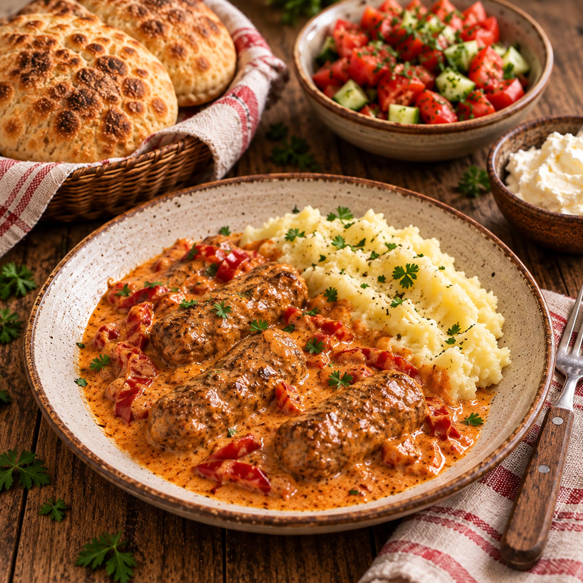 Ćevapi u krem sosu sa pire krompirom, somunom i svežom salatom