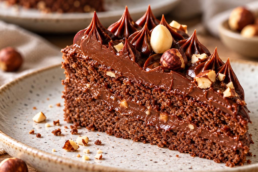 Krupni plan preseka čokoladne torte sa lešnicima, sa sočnom sredinom, slojem čokoladnog krema i dekoracijom od ganaša.