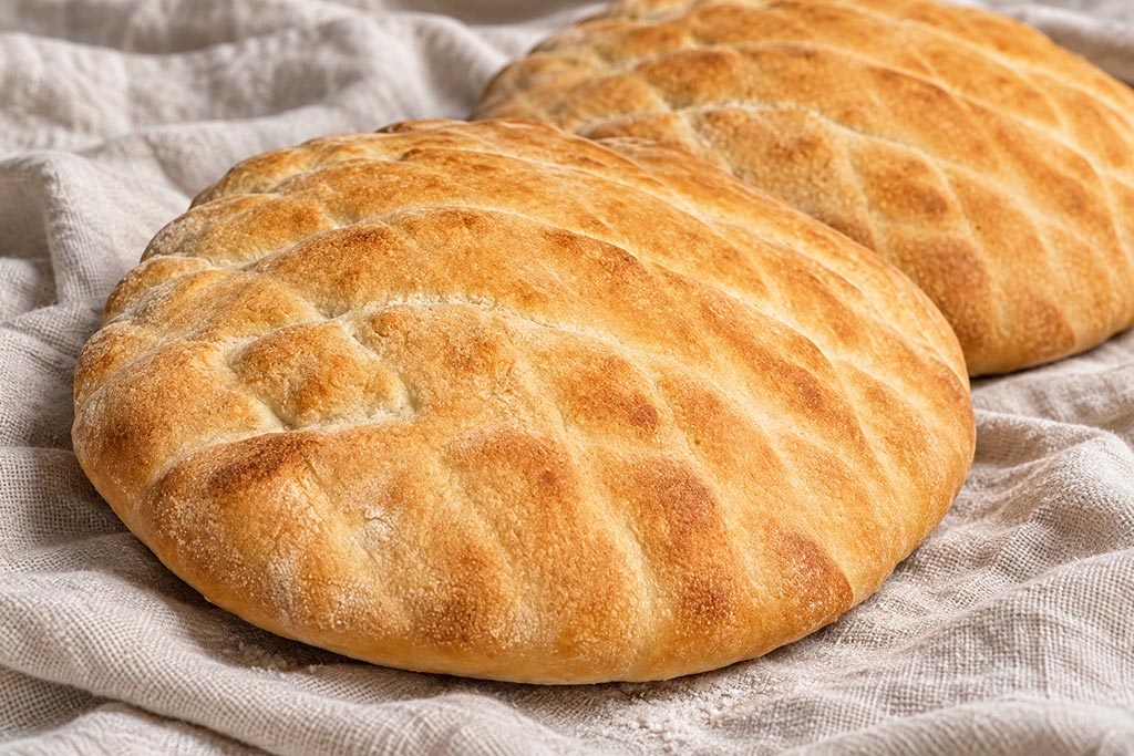 Dva cela domaća somuna na kuhinjskoj krpi, sa detaljem zlatne korice i utisnute mreže