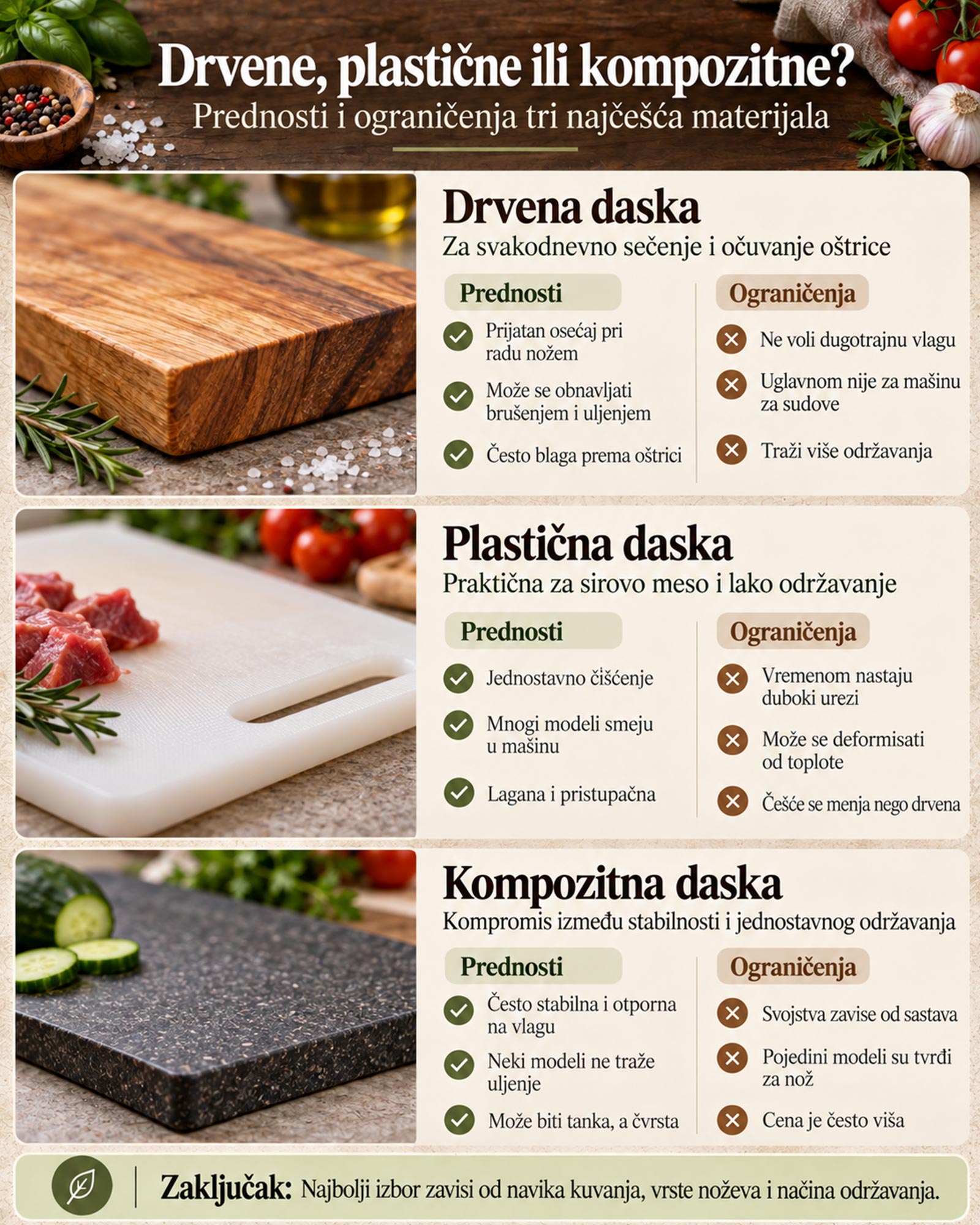 Infografika poredi prednosti i ograničenja drvenih, plastičnih i kompozitnih dasaka za sečenje, uključujući održavanje, trajnost i uticaj na noževe.
