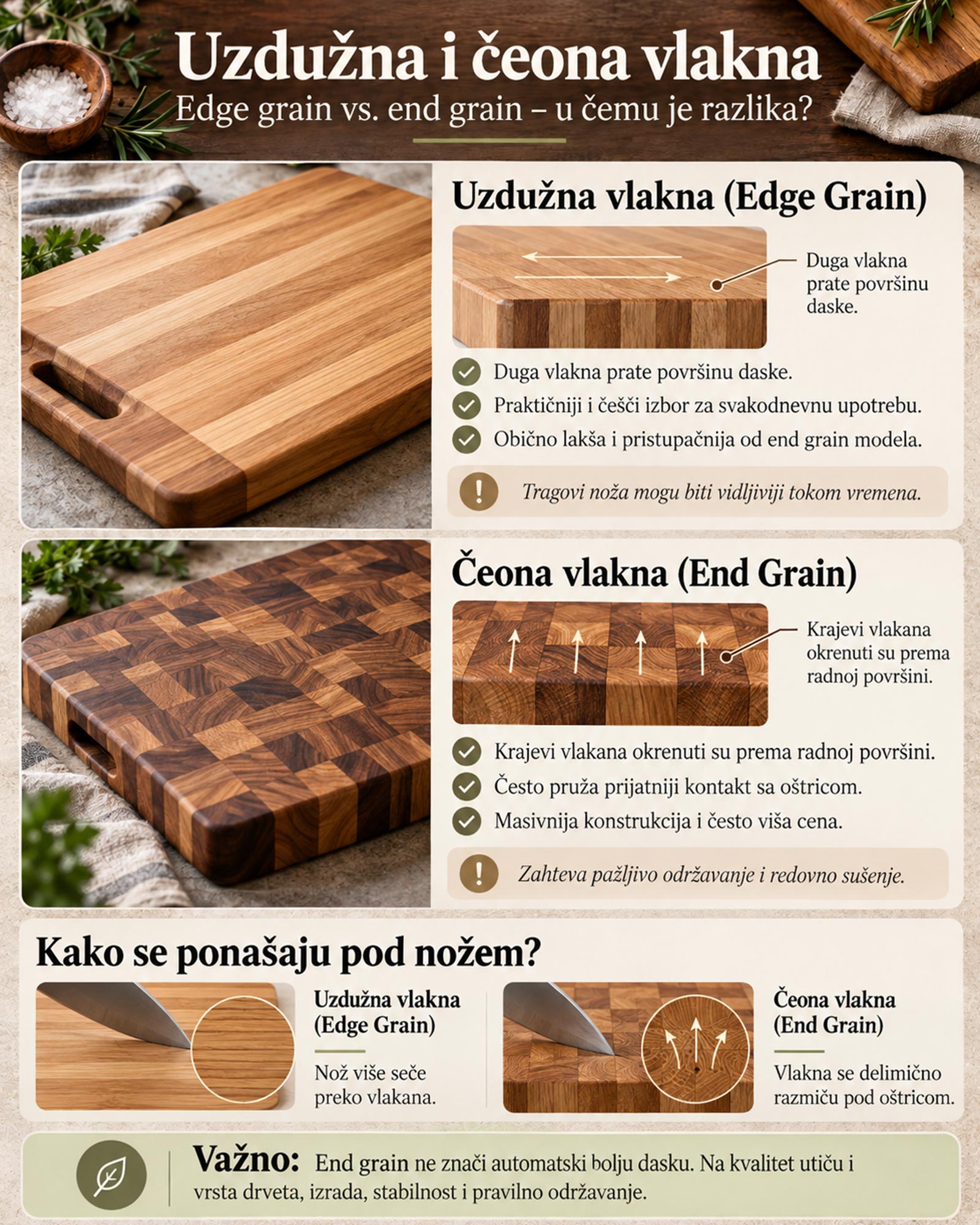 Infografika upoređuje drvene daske sa uzdužnim (edge grain) i čeonim vlaknima (end grain), prikazujući smer vlakana i njihov odnos prema oštrici noža.